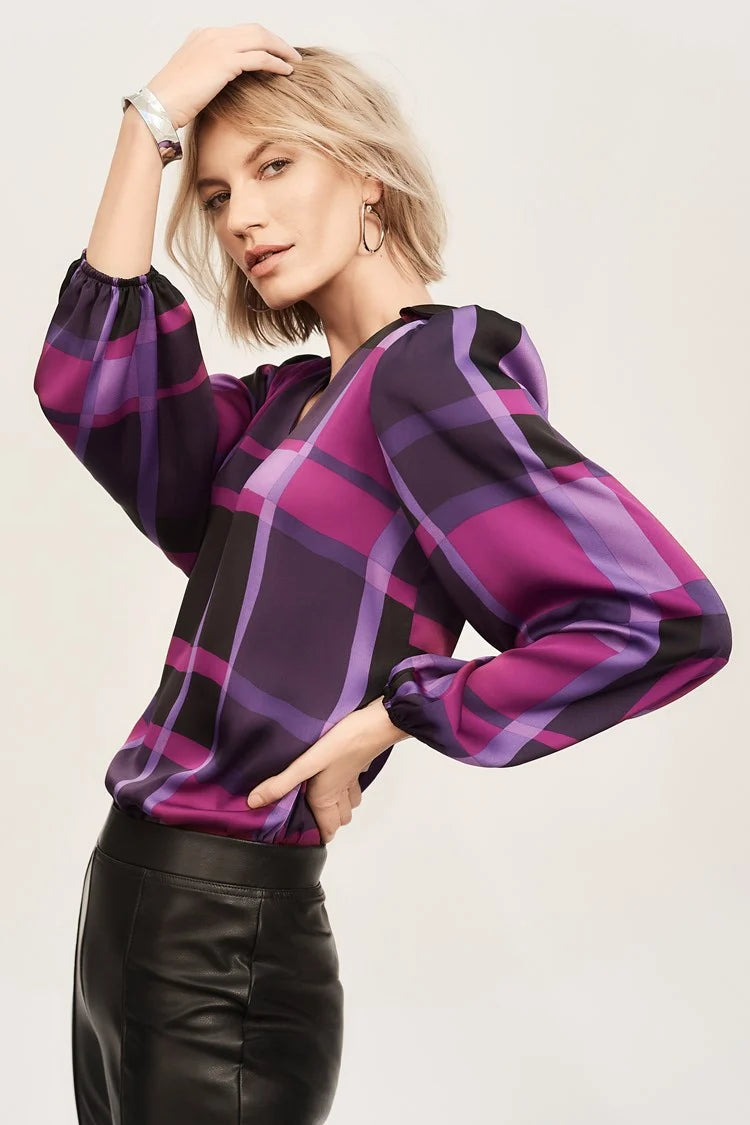 Satin Abstract Plaid Print Top - Joseph Ribkoff