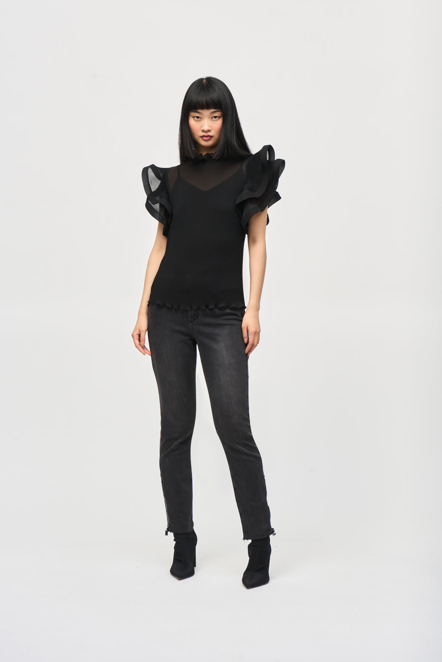 Joseph Ribkoff- Chiffon Pleated Top With Ruffled Sleeves