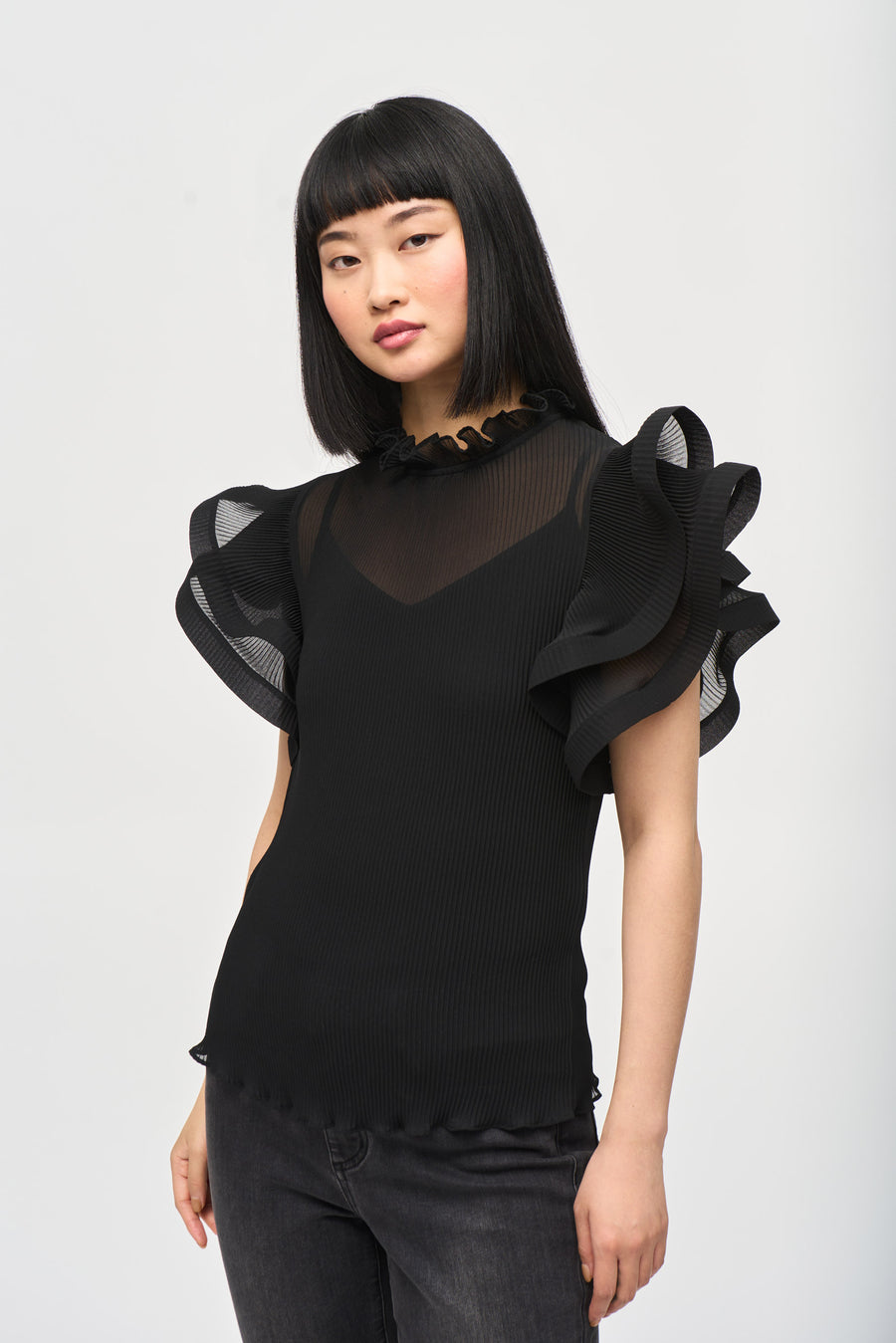 Joseph Ribkoff- Chiffon Pleated Top With Ruffled Sleeves