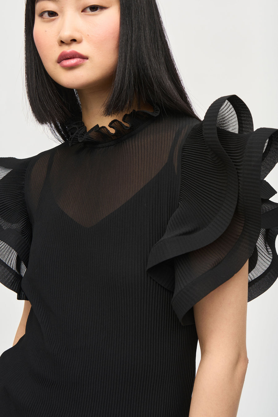 Joseph Ribkoff- Chiffon Pleated Top With Ruffled Sleeves