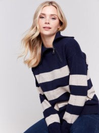 Striped Sweater with Zipper Detail