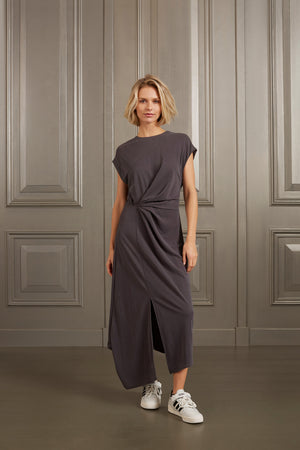 Yaya- Side Pleated Dress - Clay Pebble Grey or Anthracite