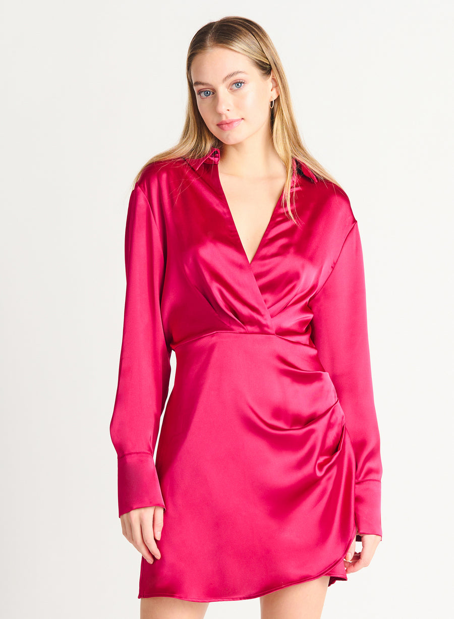 RUCHED SATIN WRAP DRESS