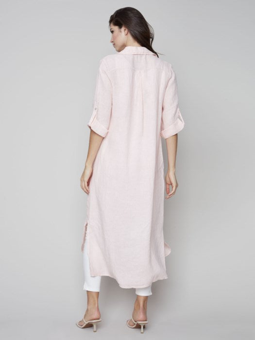 Solid 3/4 Roll Up Sleeves Button Front Long Tunic